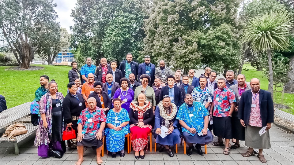 Hon Carmel Sepuloni with Lalawa group at National Fijian Wellbeing Plan Launch 2022
